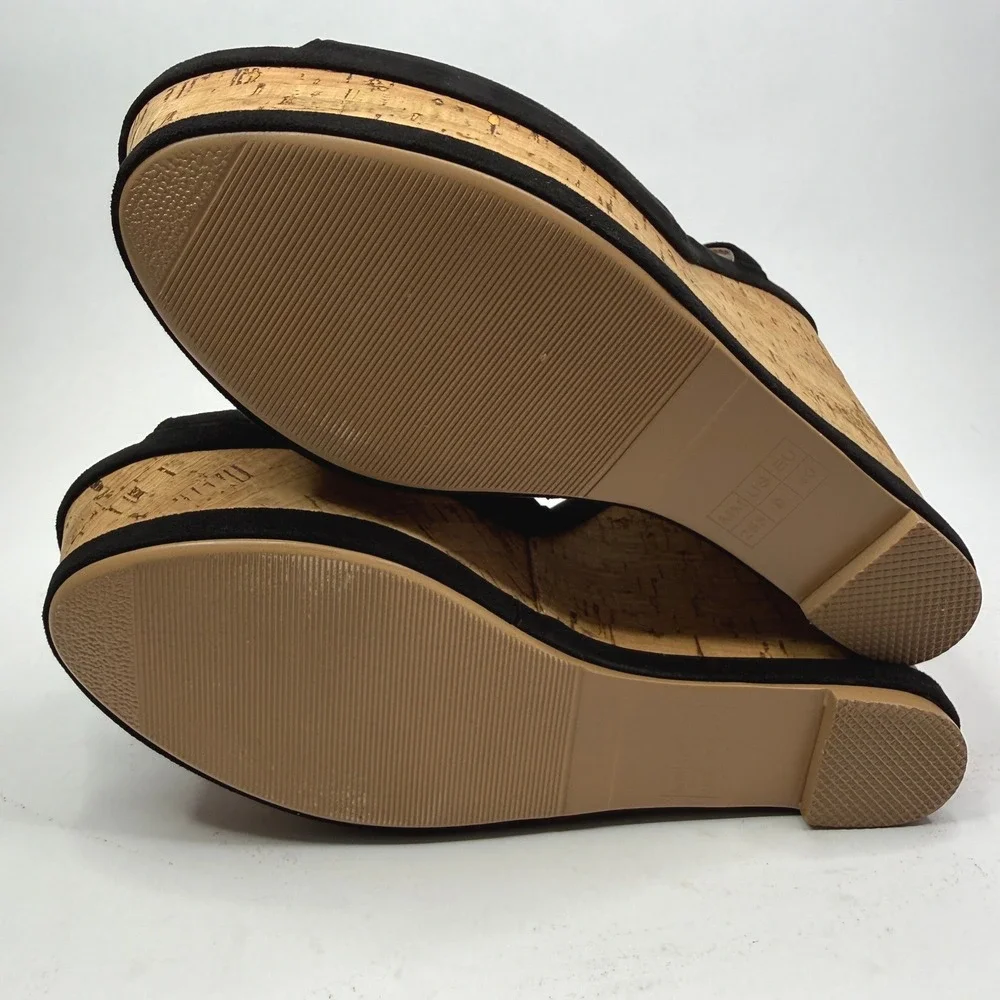 IDIFU IN5 Polly Wedges Womens 9 Black Nubuck Cork Platform T-Strap Sandals